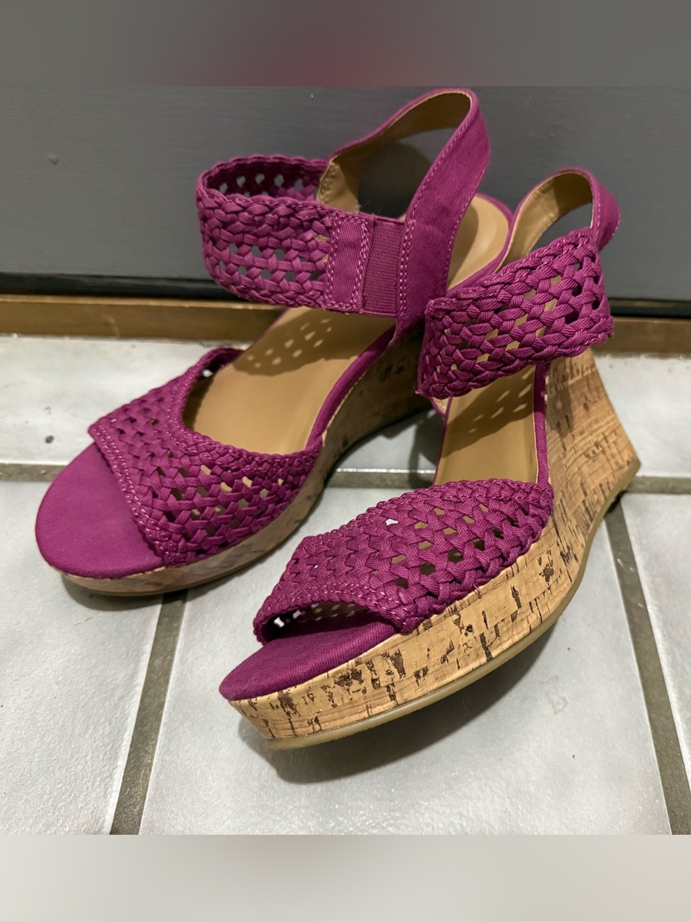 Woven Platform Wedge Sandals in Plum